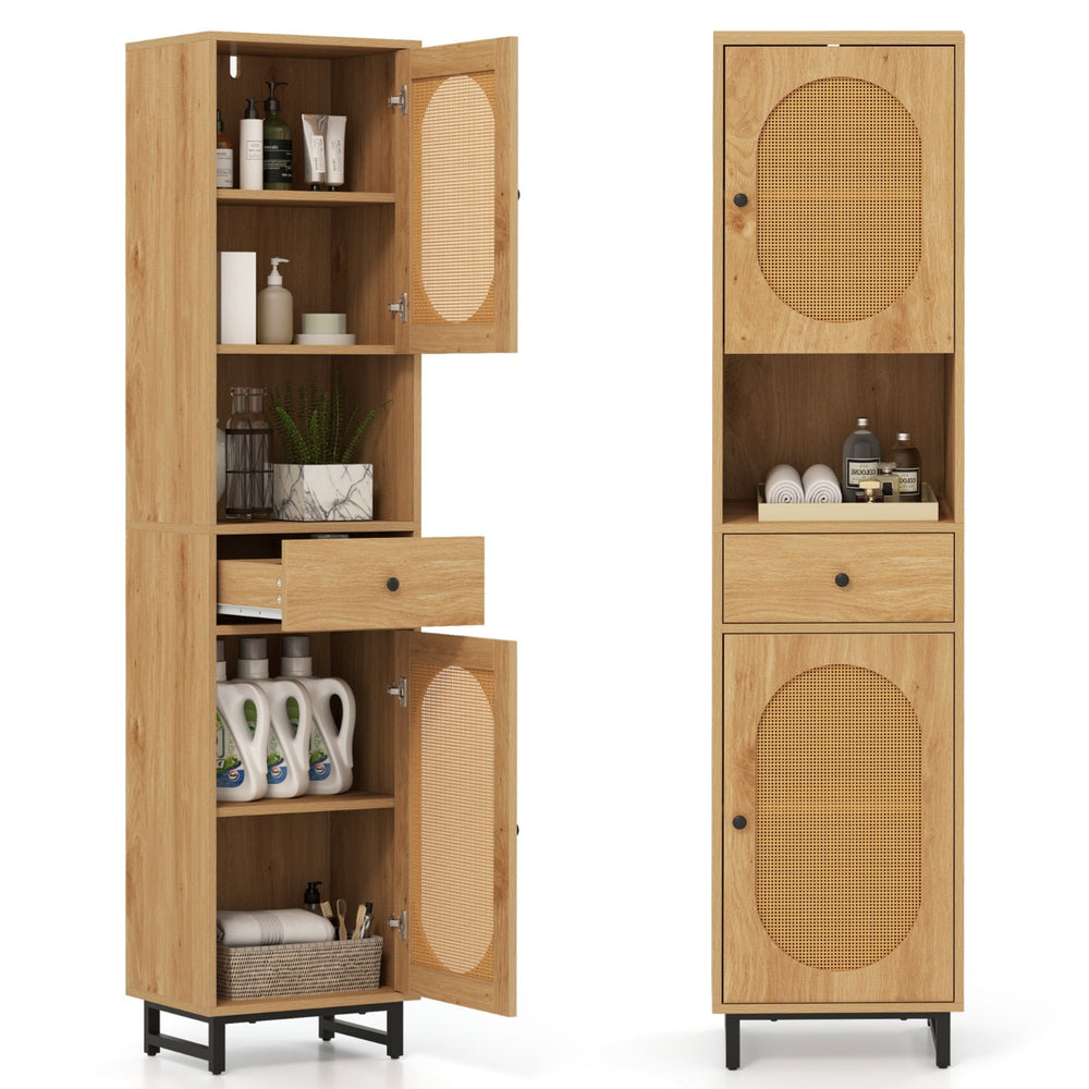 170cm Tall Bathroom Cabinet with 2 Doors and Open Compartment-Natural - TidySpaces