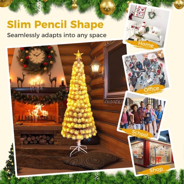 180CM Artificial Xmas Tree Pencil Tree with Treetop Star and 7 Lighting Modes-180 cm