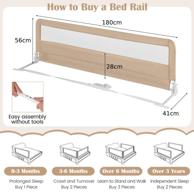 180CM Foldable Baby Bed Rail Guard with Removable Cover and Safety Strap
