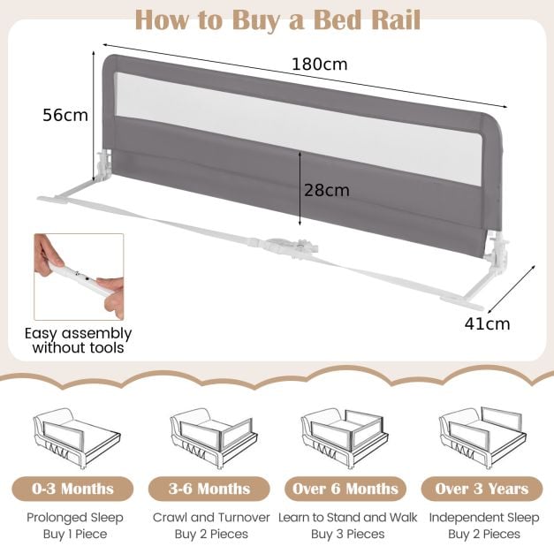 180CM Foldable Baby Bed Rail Guard with Removable Cover and Safety Strap