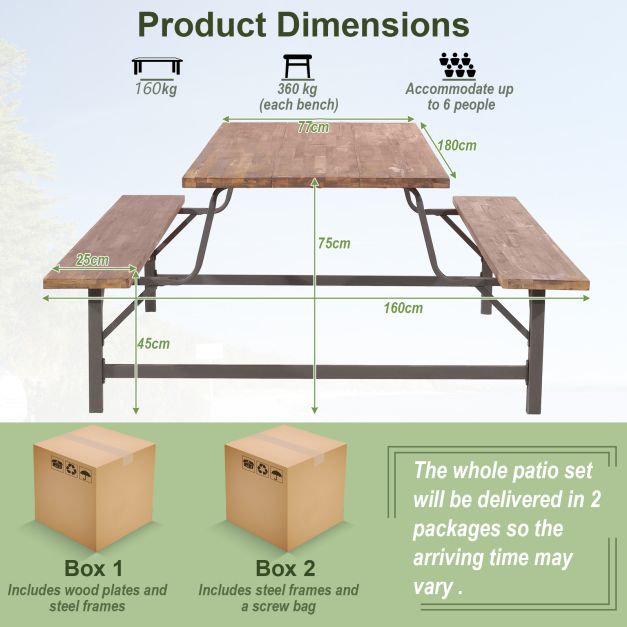 180cm Patio Picnic Table Bench Set with Acacia Wood Tabletop and Seat - TidySpaces