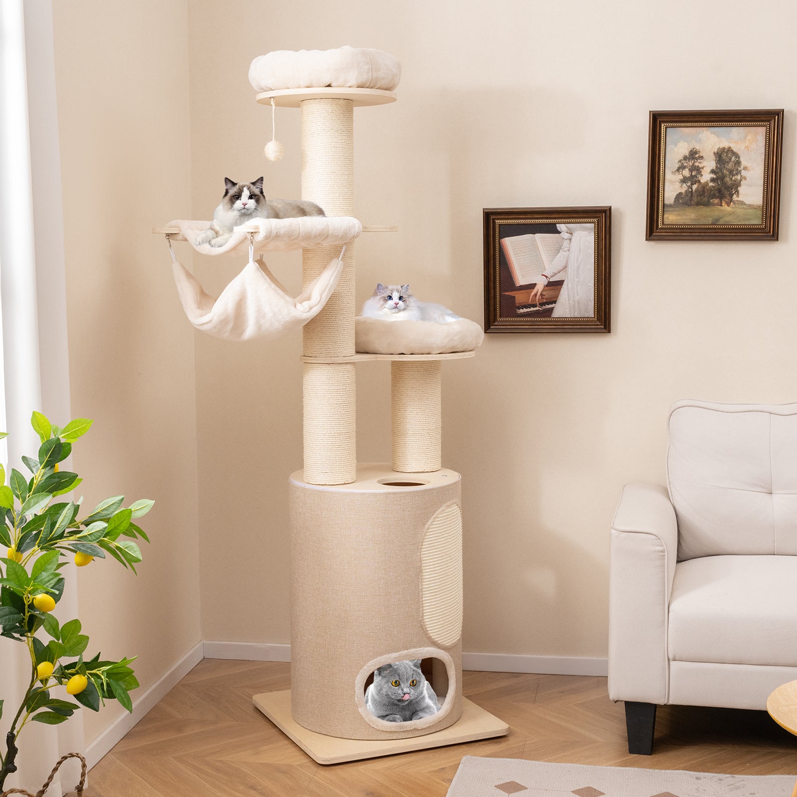 187 cm Tall Wooden Cat Tower Tree with 2 Story Cat Condo Natural