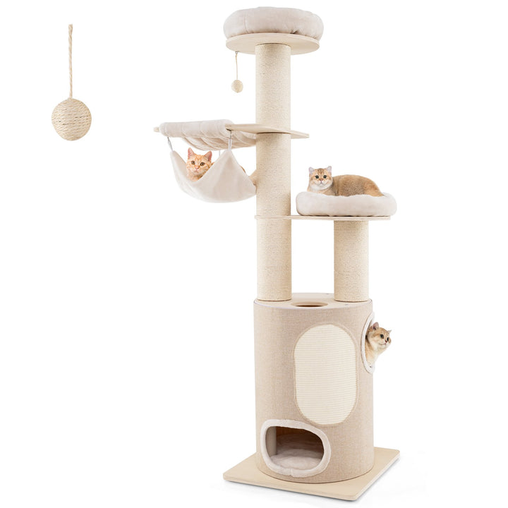 187 cm Tall Wooden Cat Tower Tree with 2-Story Cat Condo-Natural - TidySpaces