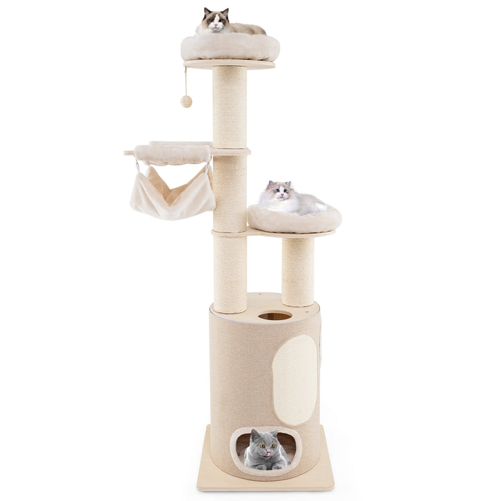 187 cm Tall Wooden Cat Tower Tree with 2-Story Cat Condo-Natural - TidySpaces