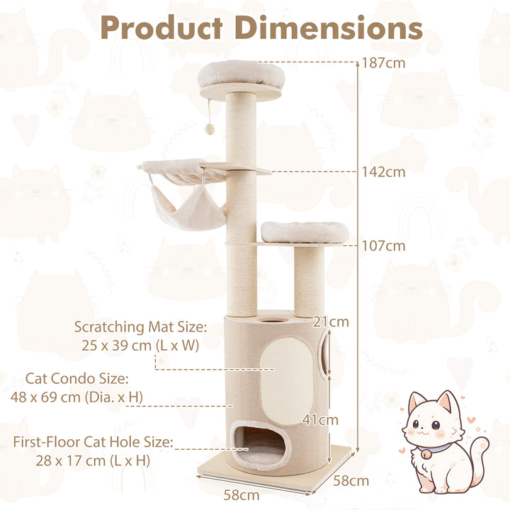 187 cm Tall Wooden Cat Tower Tree with 2-Story Cat Condo-Natural - TidySpaces