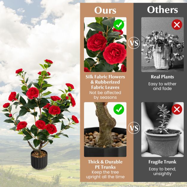 95cm Artificial Camellia Tree with Flowers and Rain-Flower Pebbles