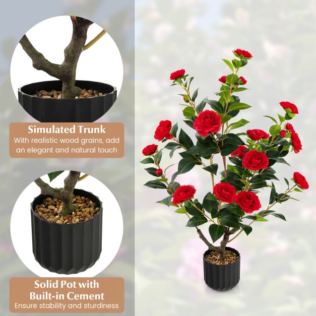 95cm Artificial Camellia Tree with Flowers and Rain-Flower Pebbles