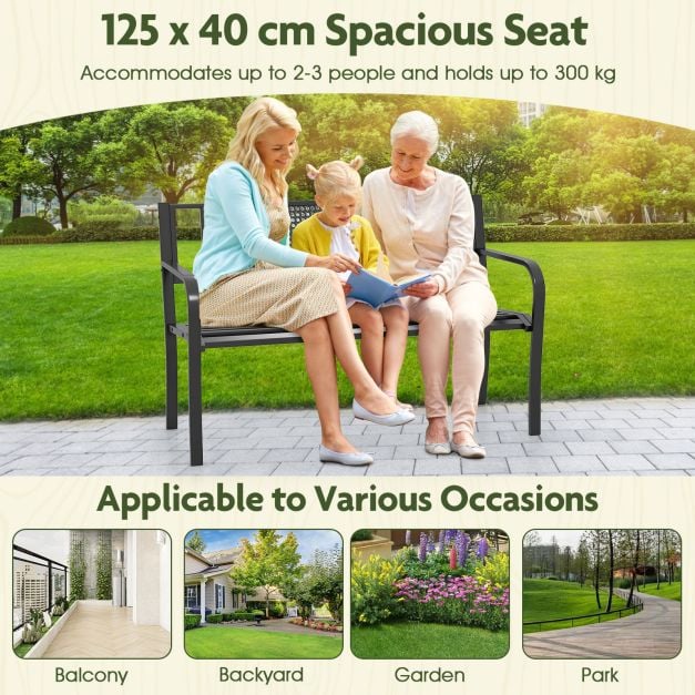 2-3-Persons Outdoor Garden Bench with Patterned Backrest and Curved Armrests-Black