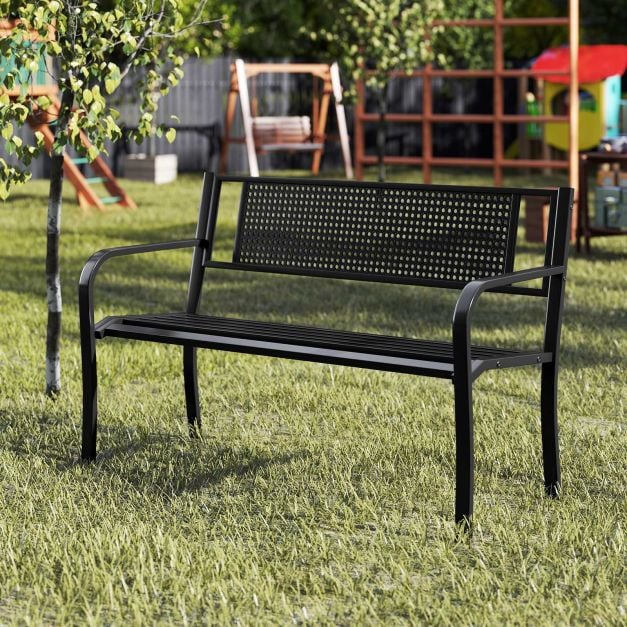 2-3-Persons Outdoor Garden Bench with Patterned Backrest and Curved Armrests-Black