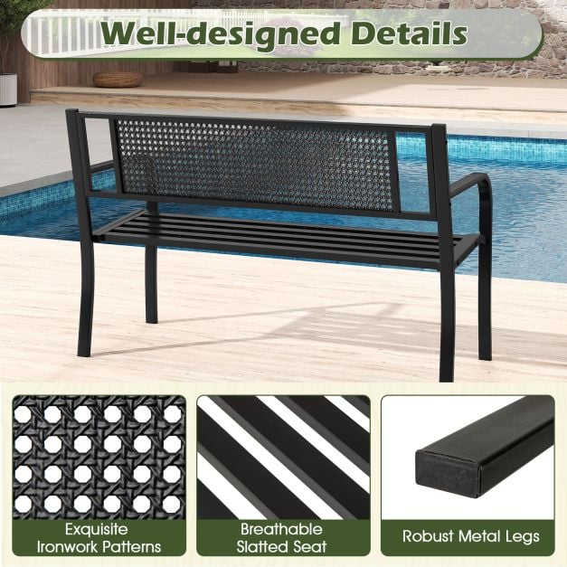 2-3-Persons Outdoor Garden Bench with Patterned Backrest and Curved Armrests-Black