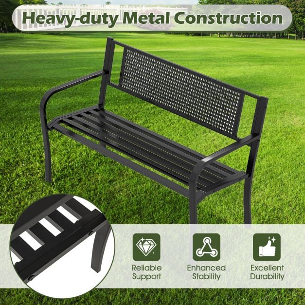 2-3-Persons Outdoor Garden Bench with Patterned Backrest and Curved Armrests-Black