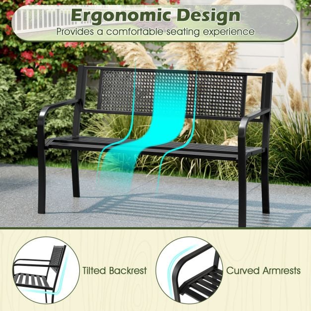 2-3-Persons Outdoor Garden Bench with Patterned Backrest and Curved Armrests-Black