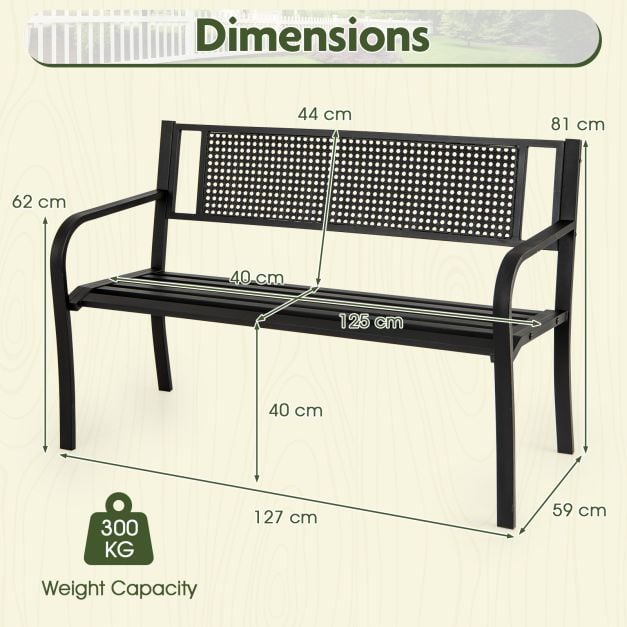 2-3-Persons Outdoor Garden Bench with Patterned Backrest and Curved Armrests-Black