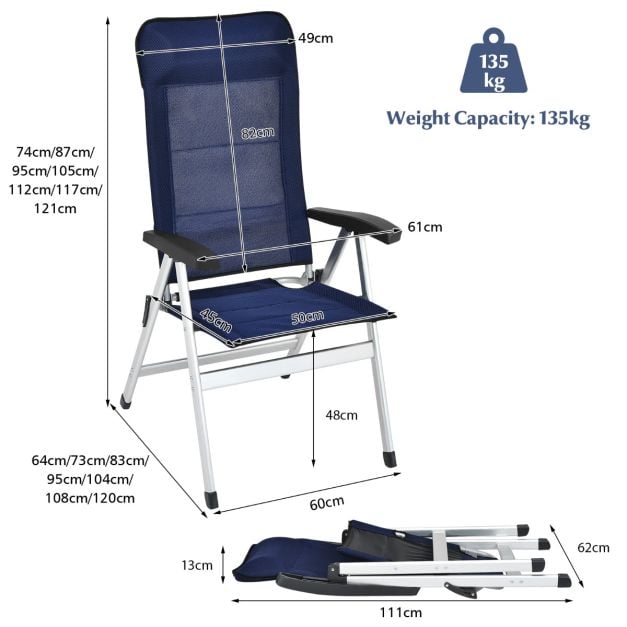 2-Piece Patio Portable Folding Lounge Chair with Raised Backrest-Navy - TidySpaces