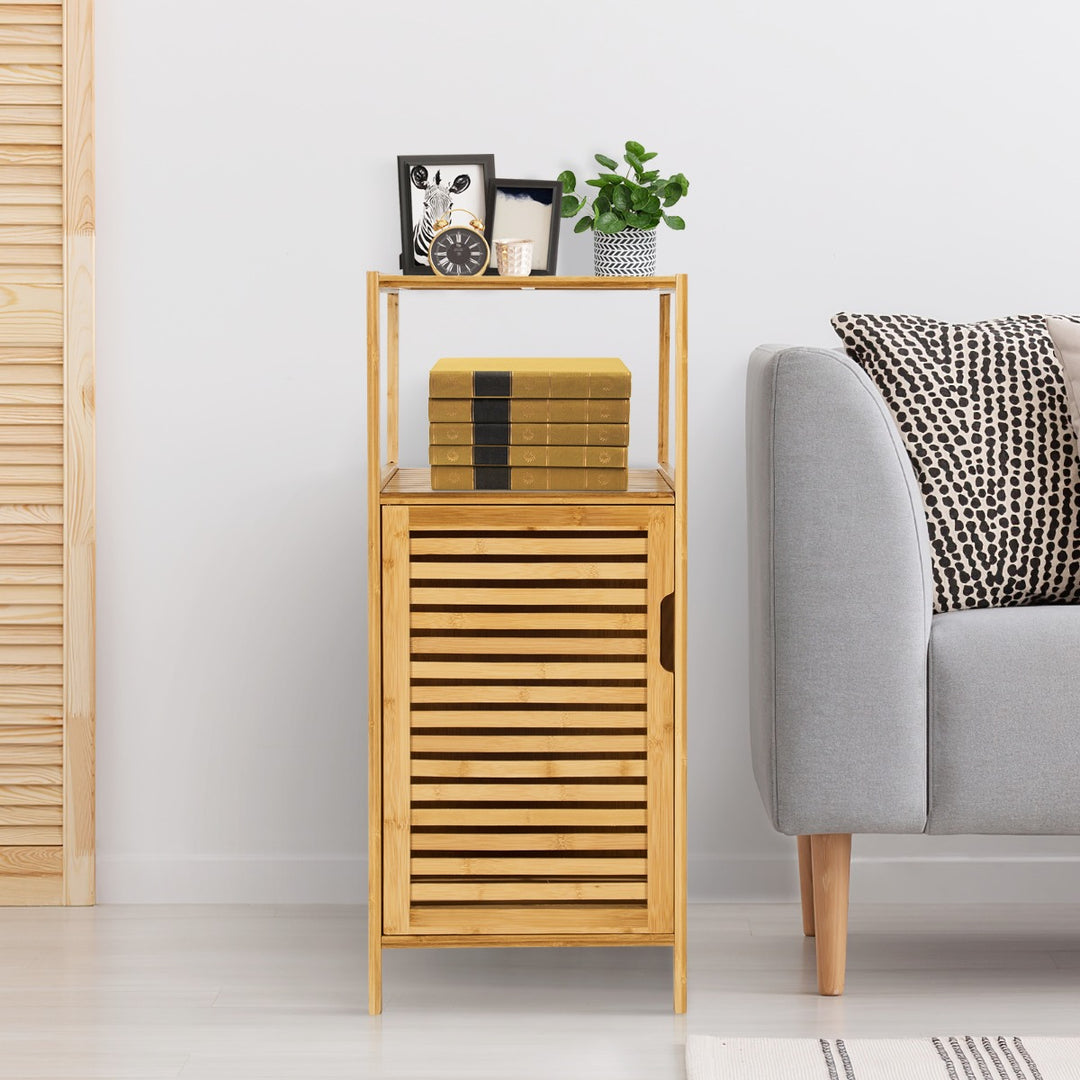 2-Tier Bamboo Bathroom Storage Cabinet with Single Door and Open Shelves - TidySpaces
