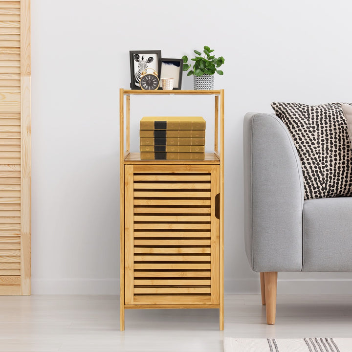 2-Tier Bamboo Bathroom Storage Cabinet with Single Door and Open Shelves - TidySpaces