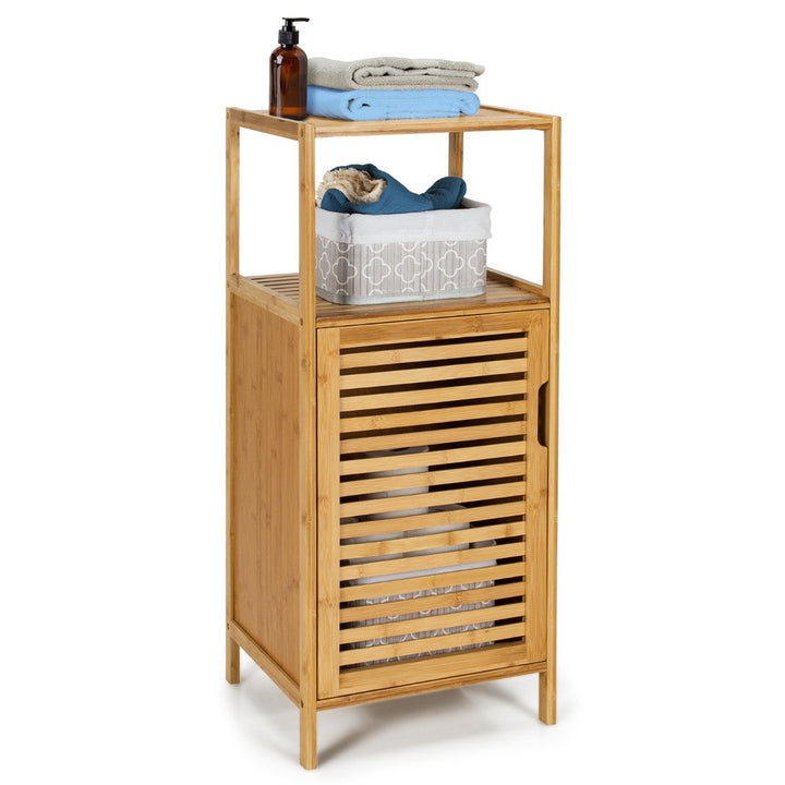 2-Tier Bamboo Bathroom Storage Cabinet with Single Door and Open Shelves Natural - TidySpaces