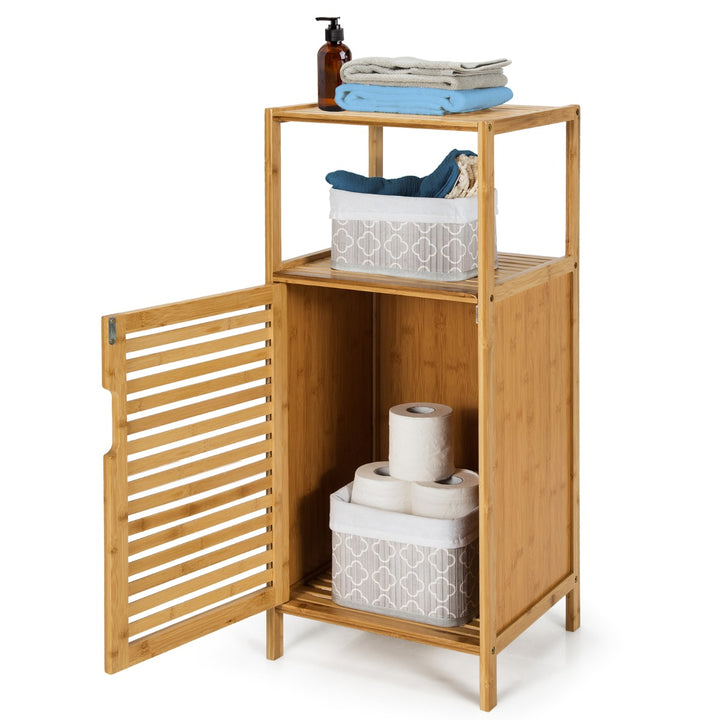 2-Tier Bamboo Bathroom Storage Cabinet with Single Door and Open Shelves - TidySpaces