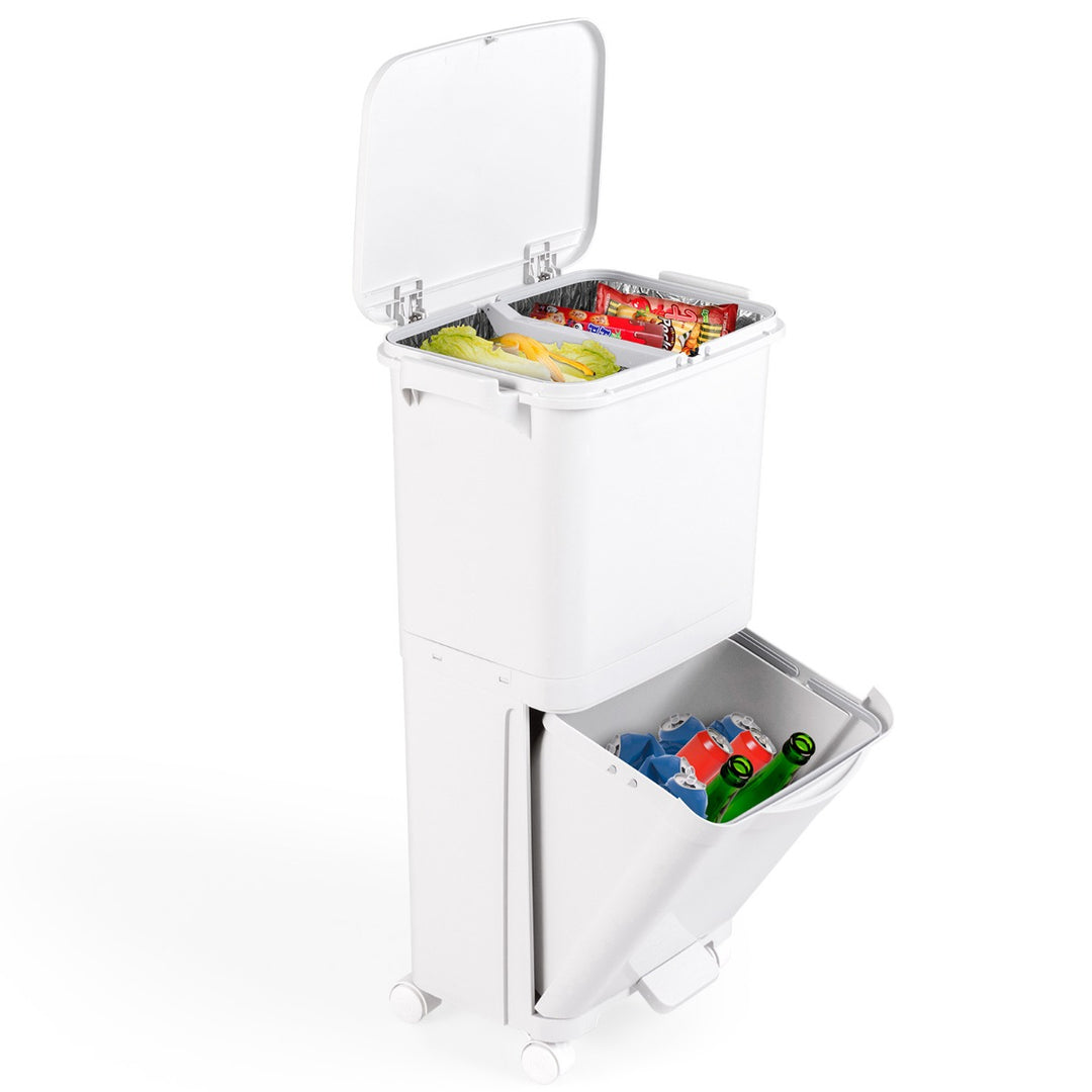 2-Tier Trash Can with Tilt-Designed Bottom Bin and Lockable Wheels