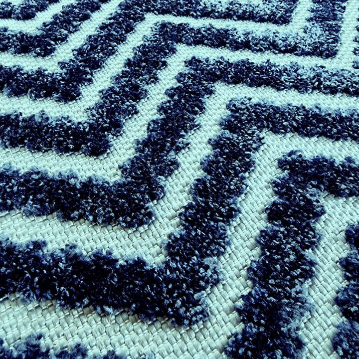 Outdoor Rug Navy Blue with Light Blue Zig Zag Chevron - TidySpaces