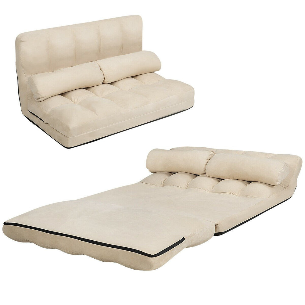 2 in 1 Folding Floor Lazy Sofa Bed with 6 Adjustable Seat Positions and 2 Pillows Beige - TidySpaces