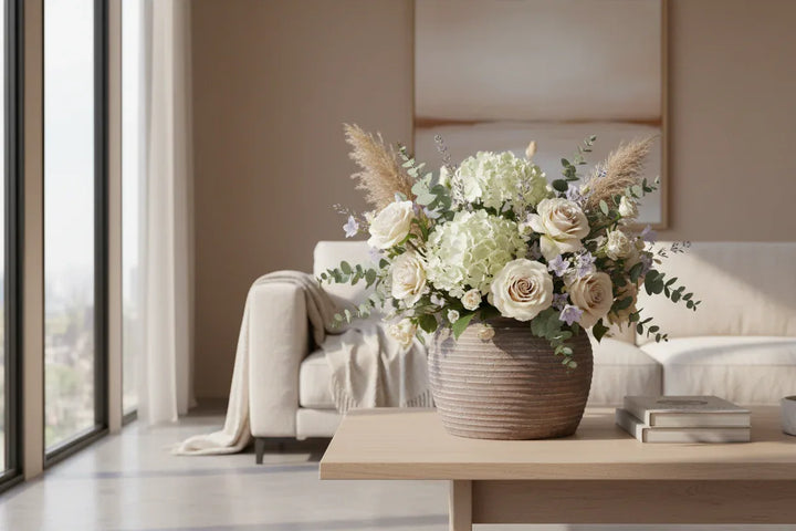 Floral arrangement in a vase on a coffee table in a living room setting