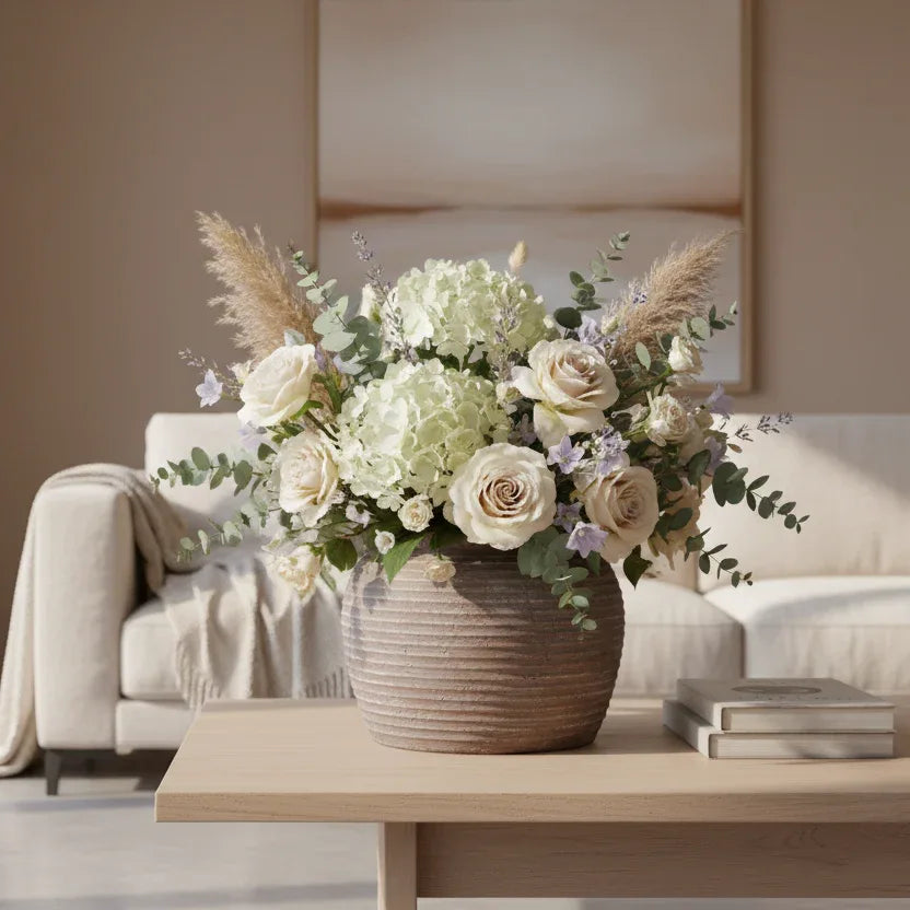 Floral arrangement in a vase on a coffee table with a neutral-colored sofa in the background
