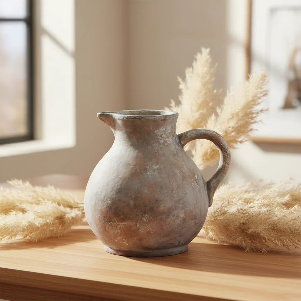 Ceramic pitcher on a wooden surface with pampas grass in a softly lit room.