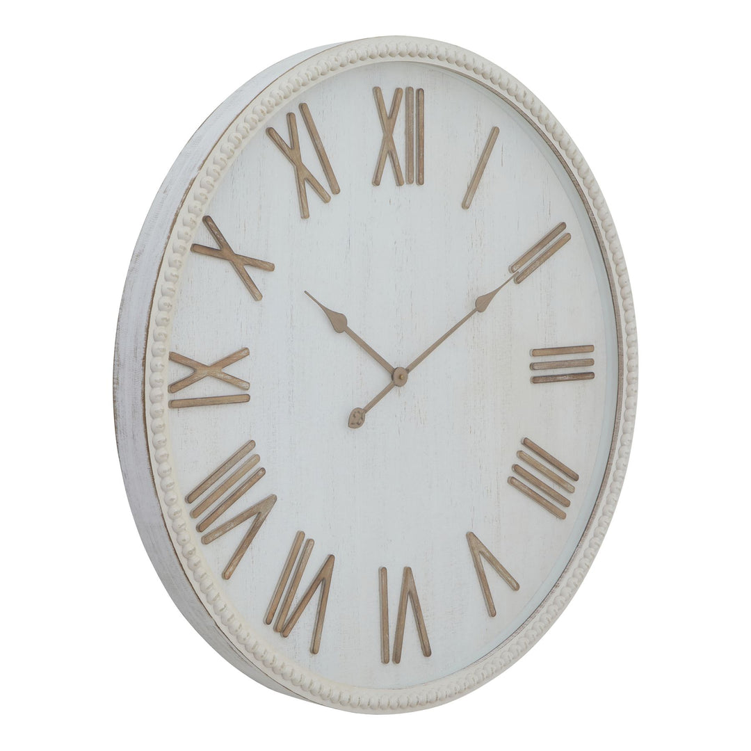 Large Rustic White Clock With Beaded Frame WHITE GLASS - TidySpaces
