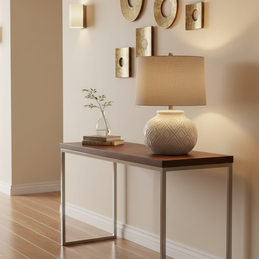 Modern interior design with a table and lamp against a beige wall.