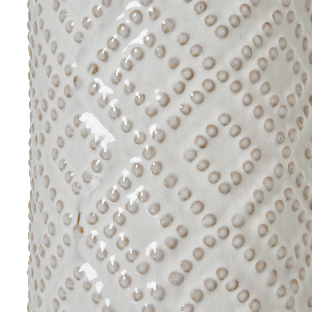 White Beaded Ceramic Lamp With Linen Shade