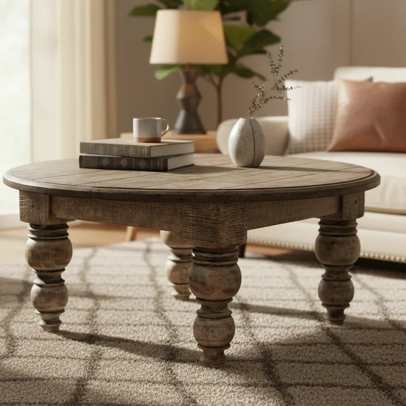 Coffee Table Rustic Appearance set in a Living Room with Lamp and Lighting 