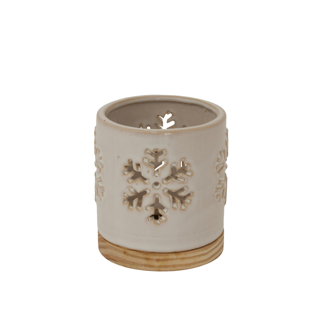 Alora Ceramic Snowflake Candle Holder On Wood Base