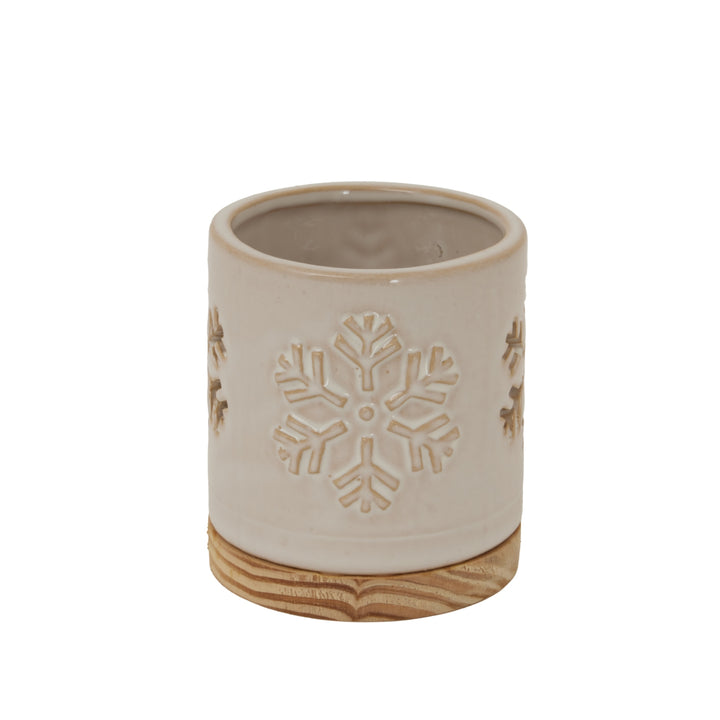 Alora Ceramic Snowflake Candle Holder On Wood Base
