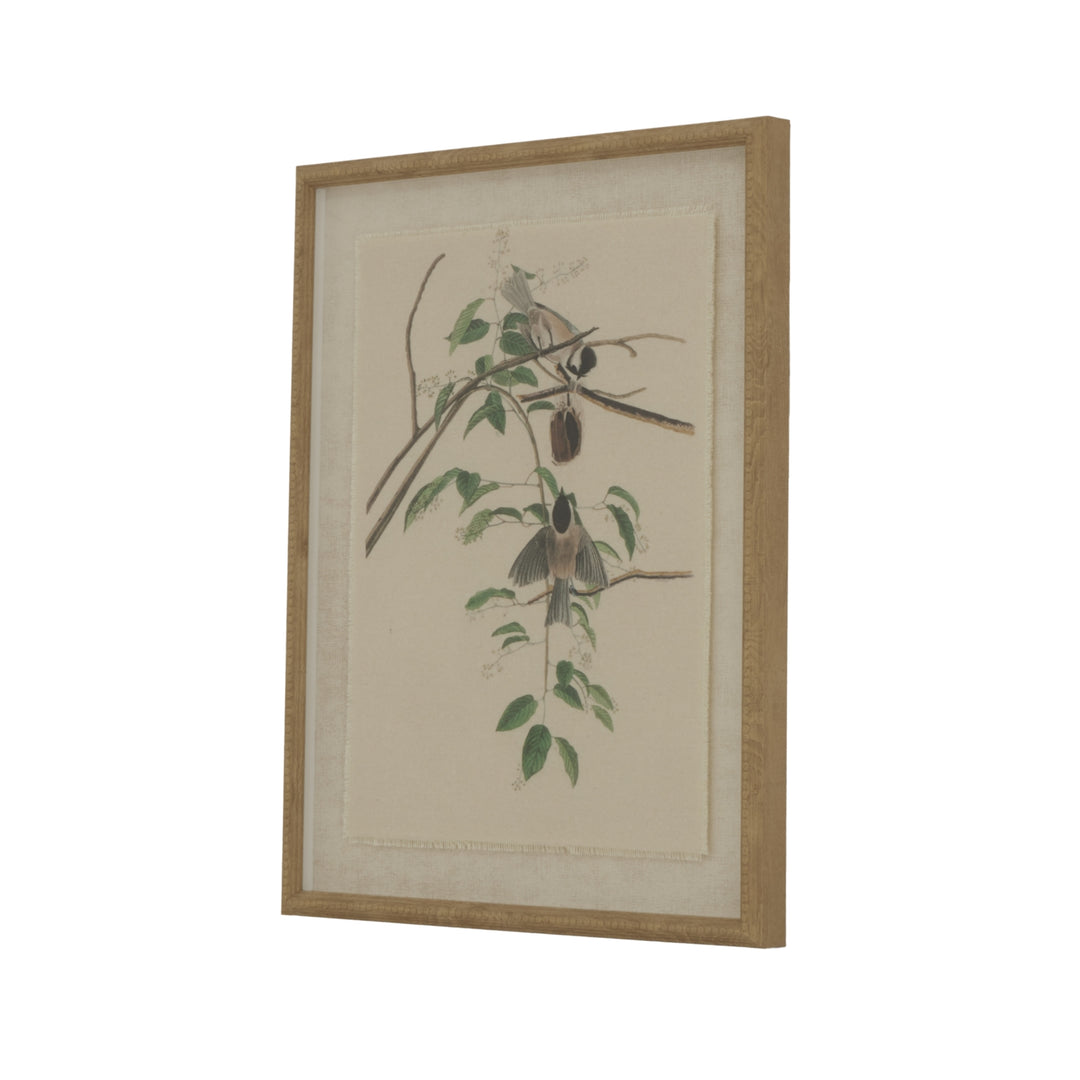 Flora & Fauna Collection Chickadees On Linen In Beaded Frame BROWN GLASS - TidySpaces