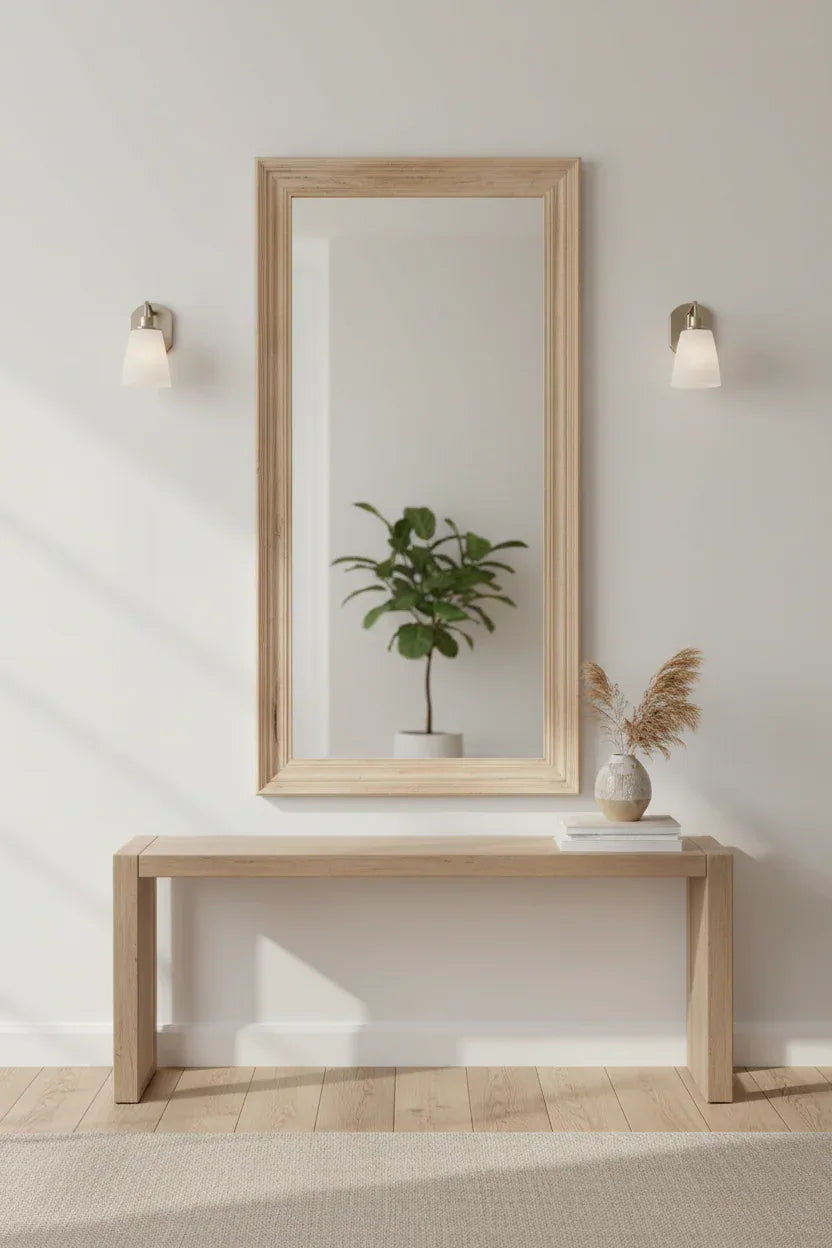 Washed Wood Large Framed Mirror in a Light Hallway with a Console Table and Accessories 2