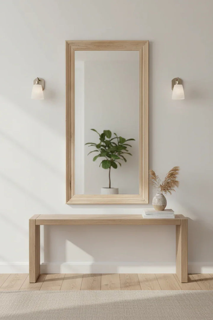 Washed Wood Large Framed Mirror in a Light Hallway with a Console Table and Accessories 2