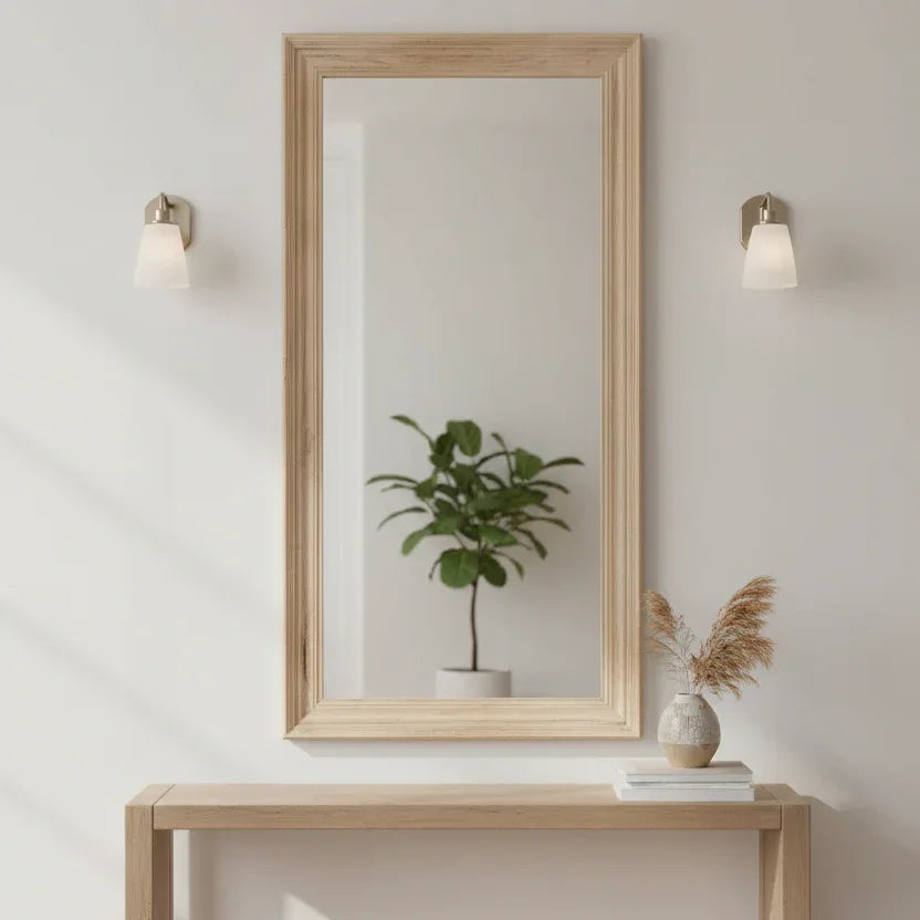 Washed Wood Large Framed Mirror in a Light Hallway with a Console Table and Accessories