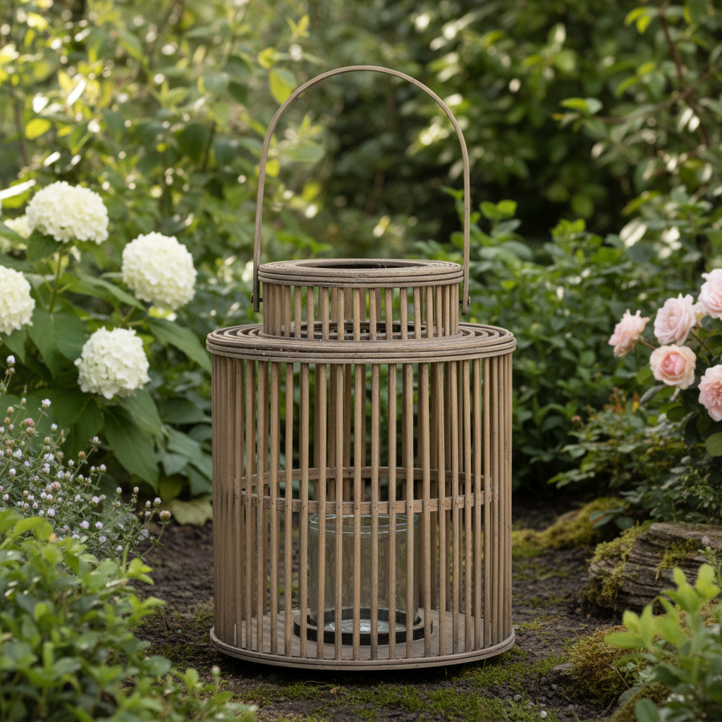 Cylinder Wicker Lantern With Glass Holder