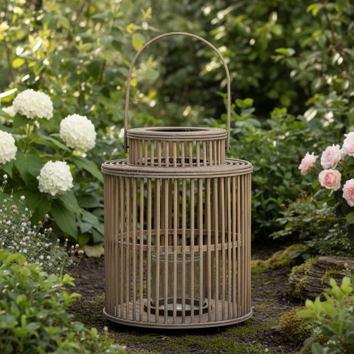 Cylinder Wicker Lantern With Glass Holder