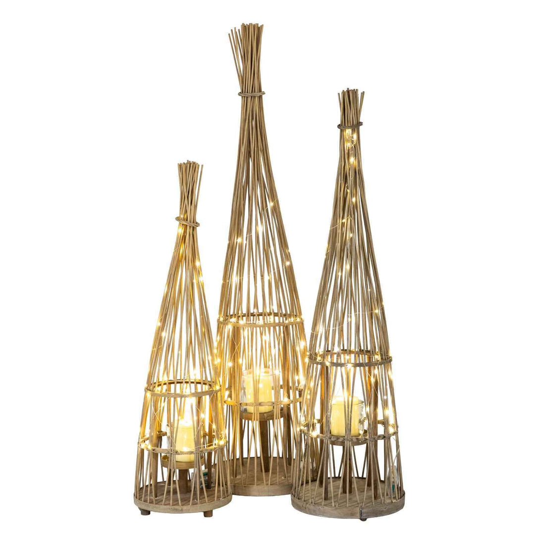 Conical Wicker Lantern With Glass Holder & LED Lights Decorative Indoor Outdoor