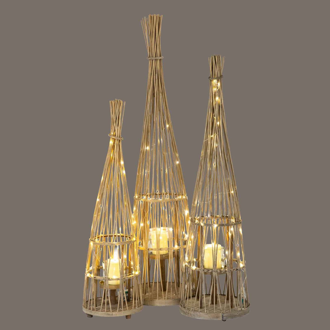 Conical Wicker Lantern With Glass Holder & LED Lights Decorative Indoor Outdoor