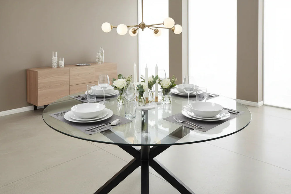 Dining room with a glass table set for a meal, featuring plates, glasses, and cutlery.
