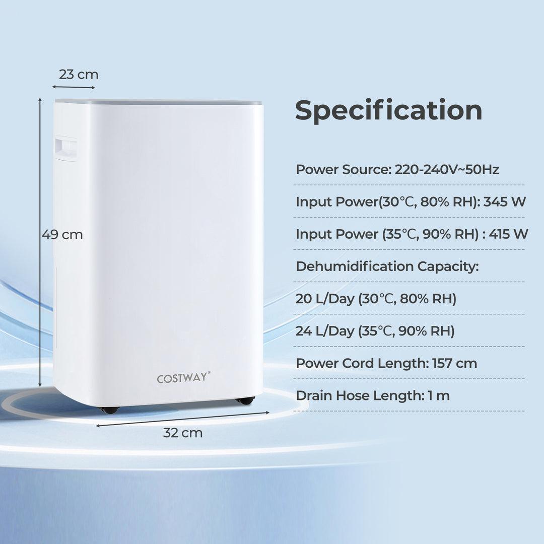 24 L Energy Efficient Dehumidifier with Auto Drain or Manual Drainage-White - TidySpaces