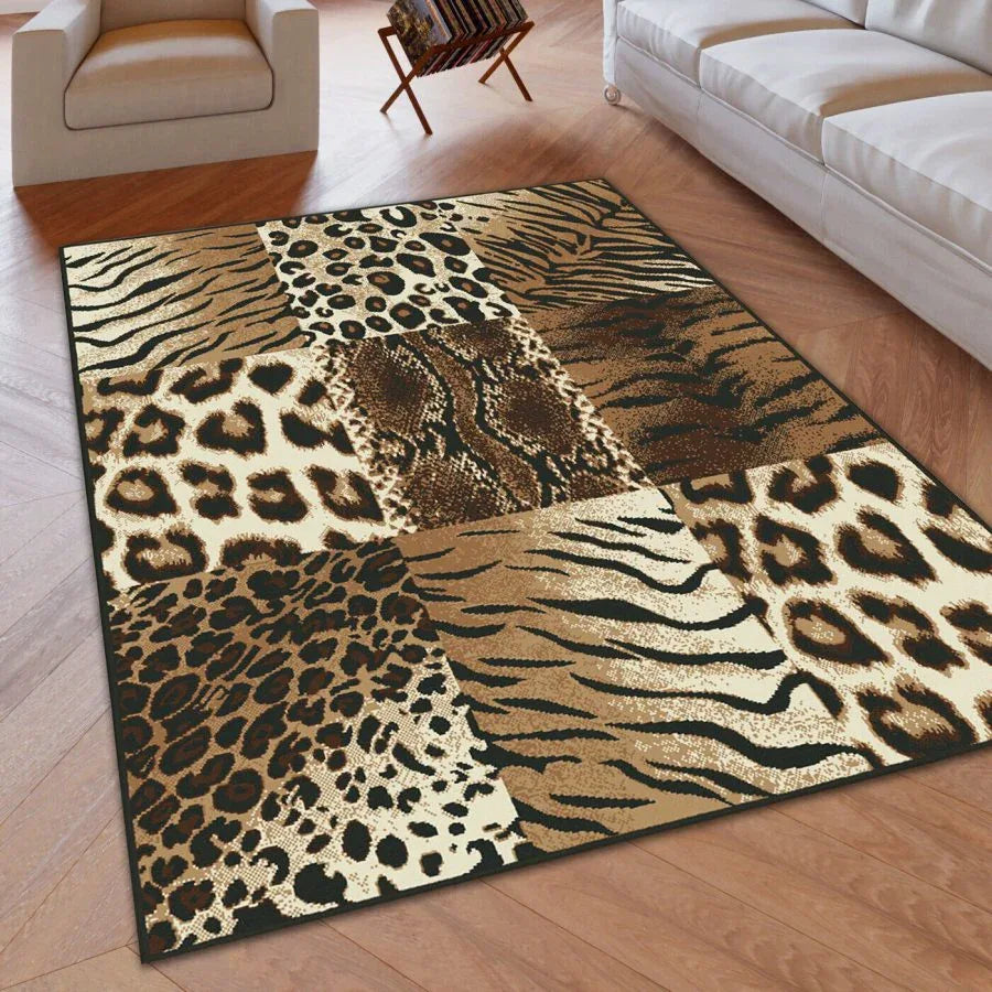 Safari Beige Rug Geometric Check Animal Print - TidySpaces