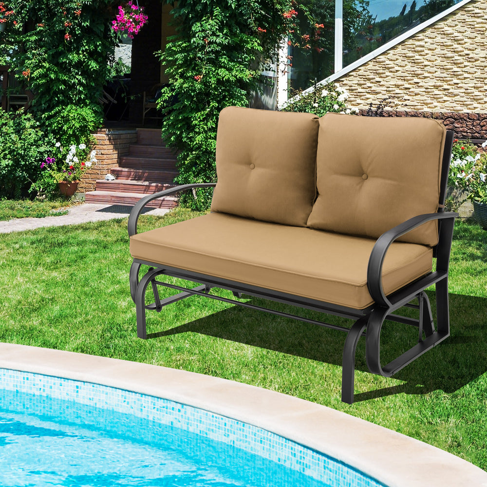 2 Person Outdoor Glider Bench with Cushions and Rustproof Steel Frame - TidySpaces