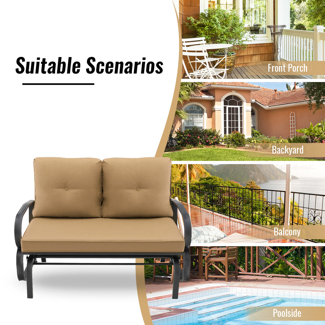 2 Person Outdoor Glider Bench with Cushions and Rustproof Steel Frame - TidySpaces