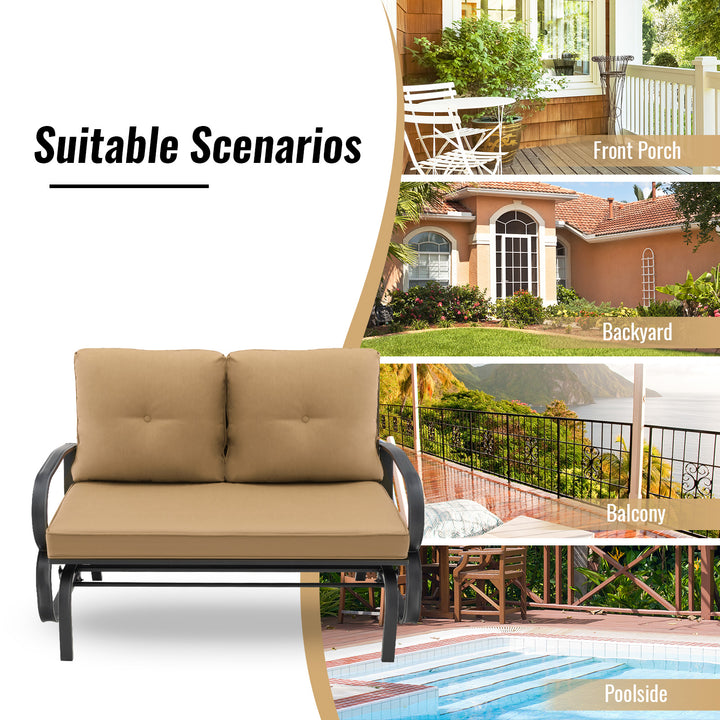 2 Person Outdoor Glider Bench with Cushions and Rustproof Steel Frame - TidySpaces
