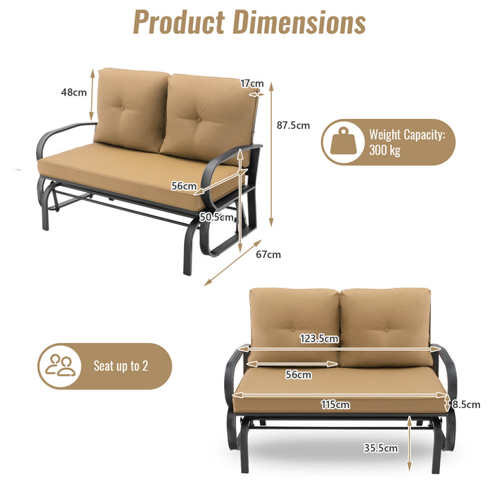 2 Person Outdoor Glider Bench with Cushions and Rustproof Steel Frame - TidySpaces