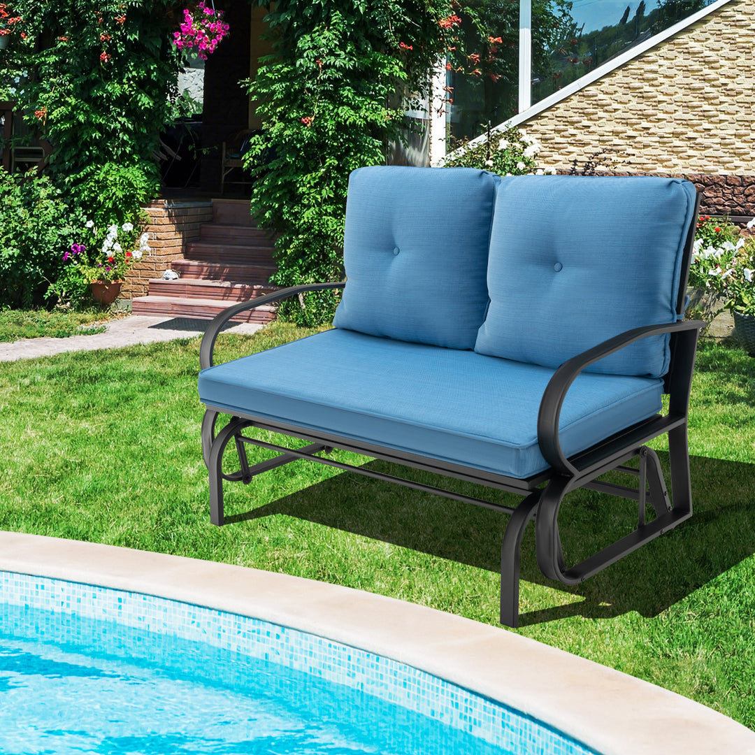 2 Person Outdoor Glider Bench with Cushions and Rustproof Steel Frame - TidySpaces